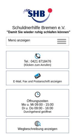 Vorschau der mobilen Webseite www.schuldnerhilfe-bremen.de, Schuldnerhilfe Bremen e.V.