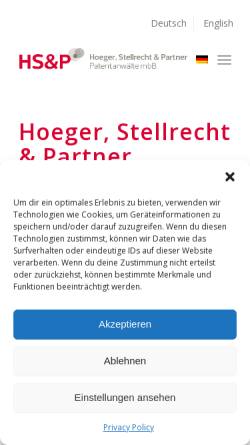 Vorschau der mobilen Webseite www.hoeger-stellrecht.de, Patentanwaltskanzlei Hoeger, Stellrecht & Partner