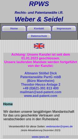 Vorschau der mobilen Webseite www.rpws.de, Rechts- und Patentanwaltskanzlei Weber