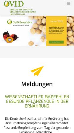 Vorschau der mobilen Webseite www.ovid-verband.de, Verband der ölsaatenverarbeitenden Industrie in Deutschland e.V.