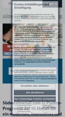 Vorschau der mobilen Webseite www.suedwestmetall.de, Verband der Metall- und Elektroindustrie Baden-Württemberg e. V.