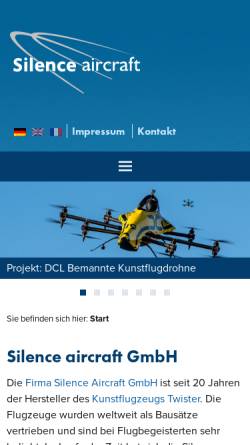 Vorschau der mobilen Webseite www.silence-aircraft.de, Silence Flugzeugbau GmbH