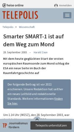 Vorschau der mobilen Webseite www.heise.de, Smarter SMART-1 ist auf dem Weg zum Mond