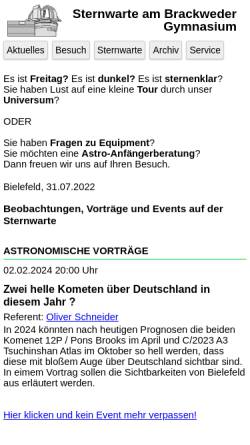 Vorschau der mobilen Webseite www.sternwarte-bwg.de, Sternwarte Bielefeld-Brackwede