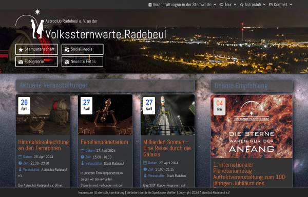 Vorschau von www.sternwarte-radebeul.de, Volkssternwarte Adolph Diesterweg Radebeul