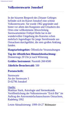 Vorschau der mobilen Webseite www.sn.schule.de, Volkssternwarte Jonsdorf