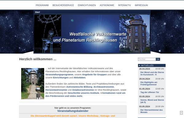 Vorschau von sternwarte-recklinghausen.de, Westfälische Volkssternwarte und Planetarium