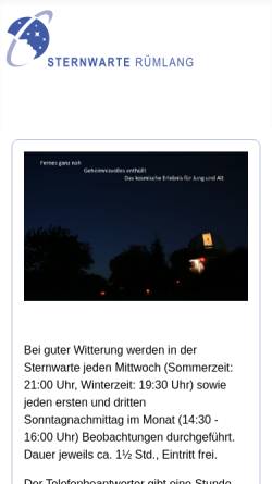 Vorschau der mobilen Webseite ruemlang.astronomie.ch, Sternwarte Rotgrueb Rümlang
