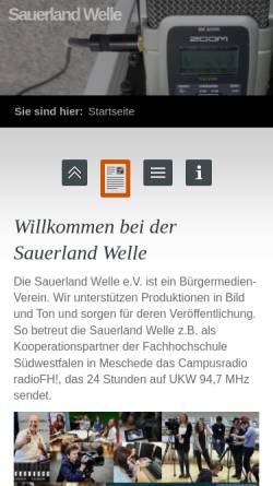 Vorschau der mobilen Webseite www.sauerlandwelle.de, Sauerland Welle - Förderverein für lokale Medien im Hochsauerlandkreis e.V.
