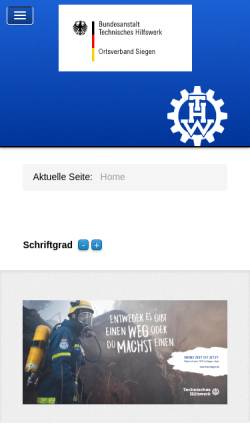 Vorschau der mobilen Webseite www.thw-siegen.de, THW Technisches Hilfswerk Ortsverband Siegen