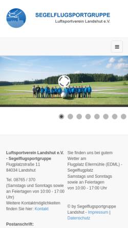 Vorschau der mobilen Webseite www.segelfliegen-landshut.de, Segelfliegen in Landshut-Ellermühle