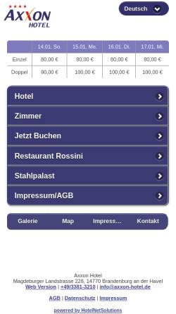 Vorschau der mobilen Webseite www.axxon-hotel.de, Axxon Hotel