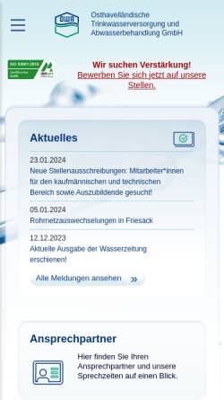 Vorschau der mobilen Webseite www.owa-falkensee.de, Osthavelländische Trinkwasserversorgung und Abwasserbehandlung GmbH