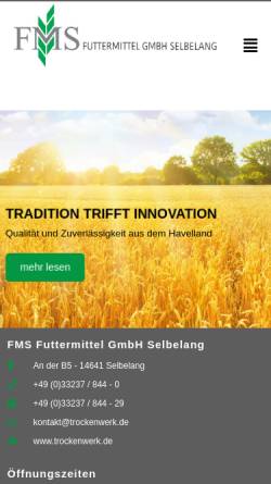 Vorschau der mobilen Webseite www.trockenwerk.de, FMS Futtermittel GmbH Selbelang