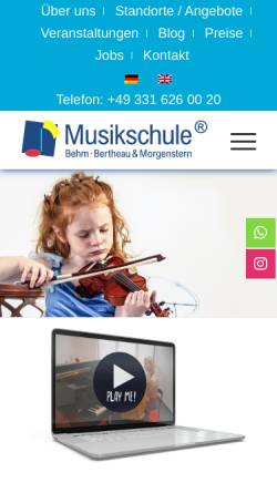 Vorschau der mobilen Webseite www.musikschule-potsdam.de, Musikschule Bertheau & Morgenstern