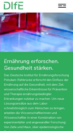 Vorschau der mobilen Webseite www.dife.de, DIfE - Deutsches Institut für Ernährungsforschung