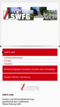 Vorschau der mobilen Webseite www.swfg.de, SWFG - Struktur- und Wirtschaftsförderungsgesellschaft des Landkreises Teltow-Fläming mbH