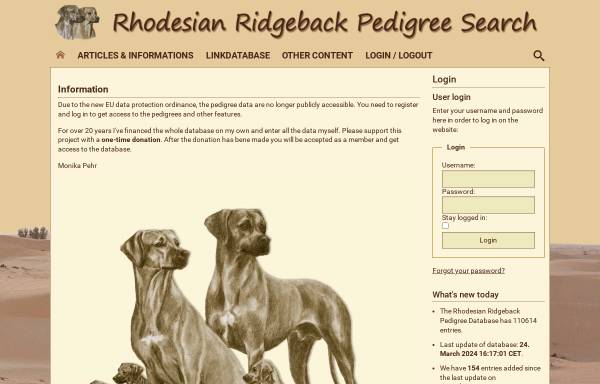 Vorschau von www.rhodesian-ridgeback-pedigree.org, Rhodesian Ridgeback Pedigree-Datenbank