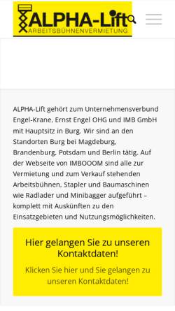 Vorschau der mobilen Webseite www.alpha-lift.de, Alpha-Lift Arbeitsbühnen und Dienstleistungen GmbH