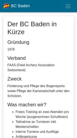 Vorschau der mobilen Webseite www.bcbaden.ch, Bogenschützenclub Baden und Umgebung