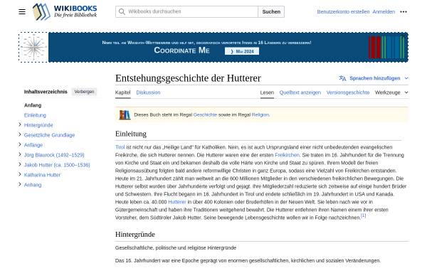 Vorschau von de.wikibooks.org, Wikibooks: Entstehungsgeschichte der Hutterer