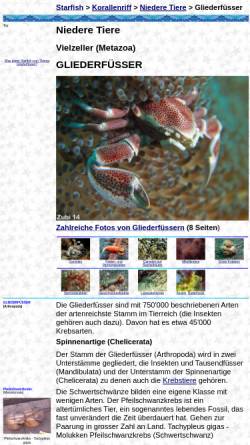 Vorschau der mobilen Webseite www.starfish.ch, Gliederfüßer wie Krebse, Garnelen, Langusten und Krabben