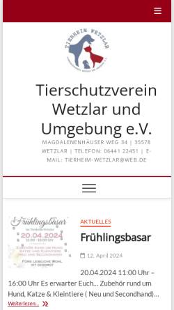 Vorschau der mobilen Webseite www.tierheim-wetzlar.de, Tierheim Wetzlar