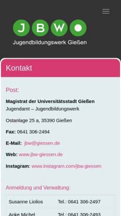 Vorschau der mobilen Webseite www.jbw-giessen.de, Jugendbildungswerk der Universitätsstadt Gießen