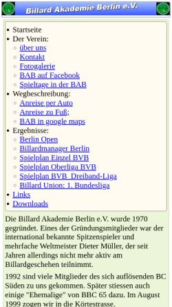 Vorschau der mobilen Webseite www.billardakademie.de, Billard Akademie Berlin e.V.