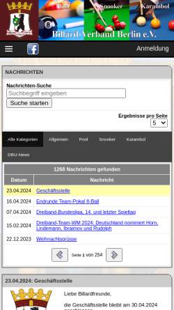 Vorschau der mobilen Webseite vbbv.billardmanager.de, Billard Verband Berlin 49/76 e.V.