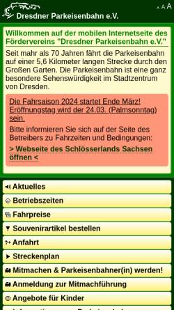 Vorschau der mobilen Webseite www.parkeisenbahn-dresden.de, Parkeisenbahn
