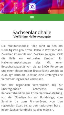 Vorschau der mobilen Webseite www.sachsenlandhalle-glauchau.de, Sachsenlandhalle Glauchau-Tourismus und Sport GmbH