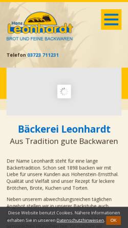 Vorschau der mobilen Webseite www.baeckerei-leonhardt.de, Bäckerei Leonhardt