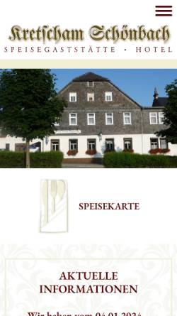 Vorschau der mobilen Webseite www.kretscham-schoenbach.de, Kretscham Schönbach - Speisegaststätte und Hotel