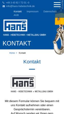 Vorschau der mobilen Webseite www.hans-hebetechnik.de, HANS - Hebetechnik und Metallbau GmbH