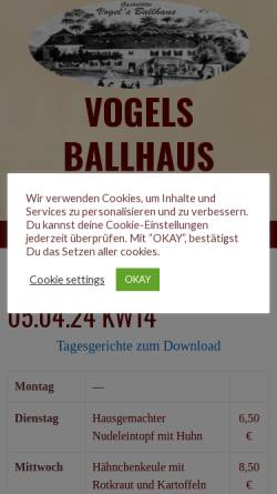 Vorschau der mobilen Webseite www.vogels-ballhaus.de, Gaststätte Vogels Ballhaus