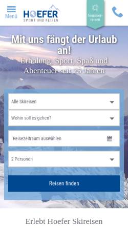 Vorschau der mobilen Webseite www.hoefer-skireisen.de, Hoefer Sport und Reisen GmbH