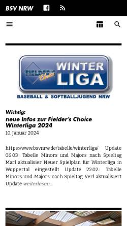 Vorschau der mobilen Webseite www.bsvnrw.de, Baseball und Softball Verband Nordrhein Westfalen e.V.