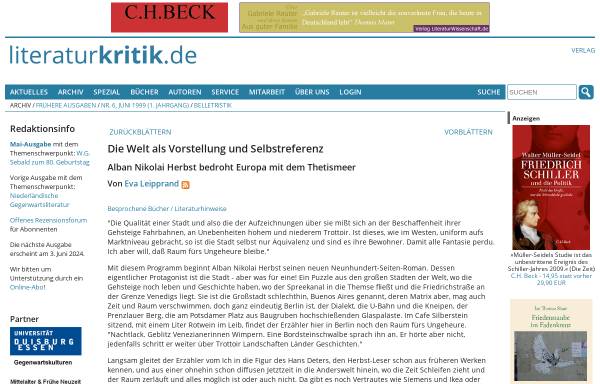 Vorschau von www.literaturkritik.de, Die Welt als Vorstellung und Selbstreferenz
