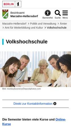 Vorschau der mobilen Webseite www.berlin.de, Volkshochschule Marzahn-Hellersdorf