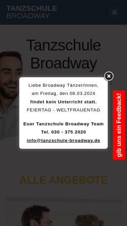 Vorschau der mobilen Webseite www.tanzschule-broadway.de, Tanzschule Broadway