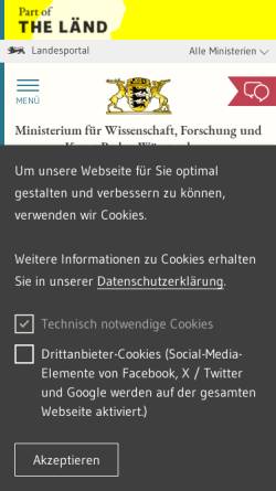 Vorschau der mobilen Webseite mwk.baden-wuerttemberg.de, Ministerium für Wissenschaft, Forschung und Kunst