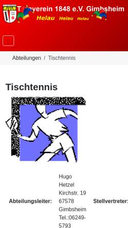 Vorschau der mobilen Webseite www.turnverein-gimbsheim.de, Tischtennis-Abteilung des TV Gimbsheim