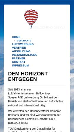 Vorschau der mobilen Webseite www.ballooningspeyer.de, Ballooning-Speyer Luftwerbung GmbH