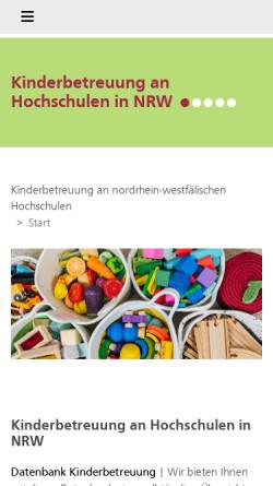 Vorschau der mobilen Webseite www.kinderbetreuung-hochschulen.nrw.de, Betreuungsangebote an nordrhein-westfälischen Hochschulen