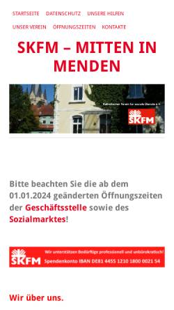 Vorschau der mobilen Webseite www.skm-menden.de, Sozialdienst Kath. Männer Menden e.V.