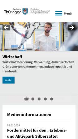 Vorschau der mobilen Webseite th-online.de, Thüringer Ministerium für Wirtschaft, Arbeit und Infrastruktur