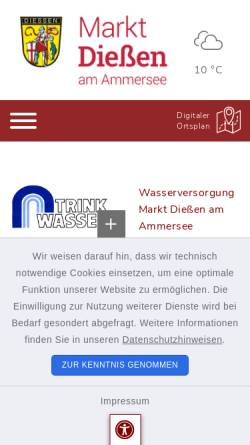 Vorschau der mobilen Webseite www.wasser-diessen.de, Wasserversorgung Dießen