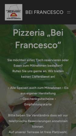 Vorschau der mobilen Webseite www.beifrancesco.de, Restaurant Pizzeria Bei Francesco