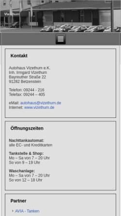 Vorschau der mobilen Webseite www.vizethum.de, Autohaus Vizethum - Betzenstein